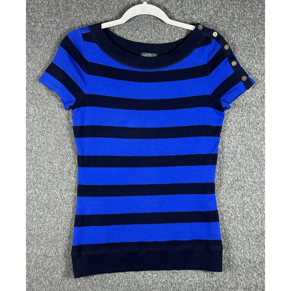 Lauren Ralph Lauren Striped Button-Shoulder Short Sleeve Knit Top - Size M